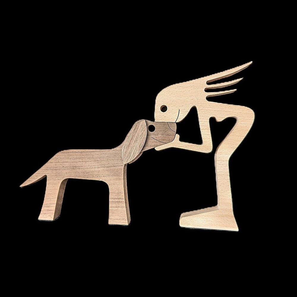 Wooden Dog & Human Engraved Figurine NWOT